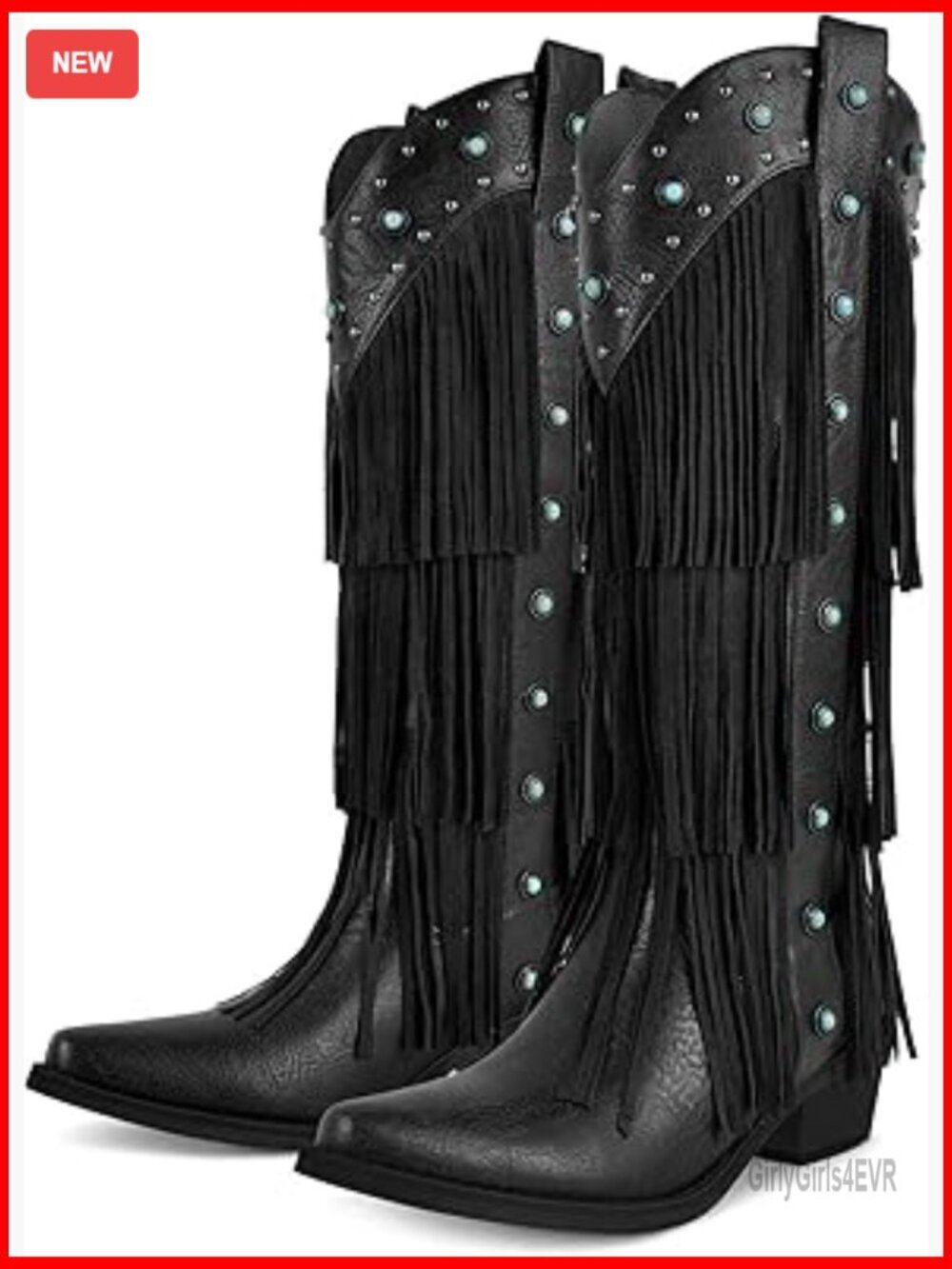 Women's Knee High Western Boots with Fringe Tassels and Turquoise Studs